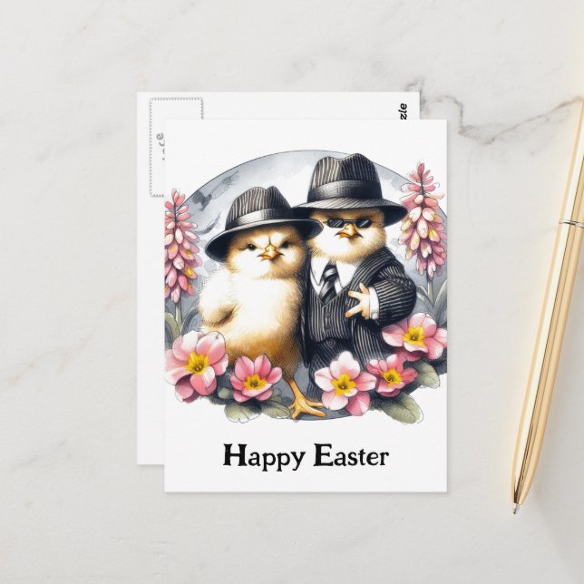 Funny Easter Chicks Pink Yellow Flowers Postcard (Front/Back In Situ)