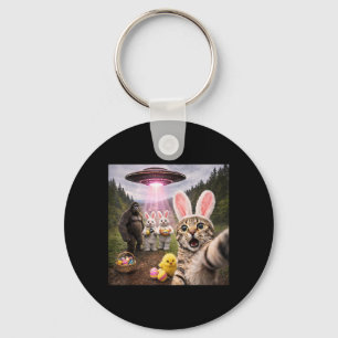 Funny Easter Day Cat Selfie with Bunny Bigfoot UFO Key Ring