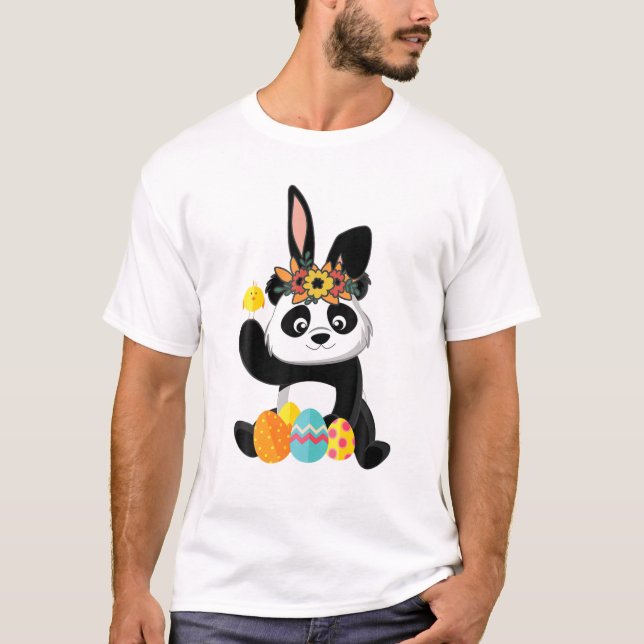 Funny Easter Day Cute Panda Bunny Ears Easter Eggs T-Shirt (Front)
