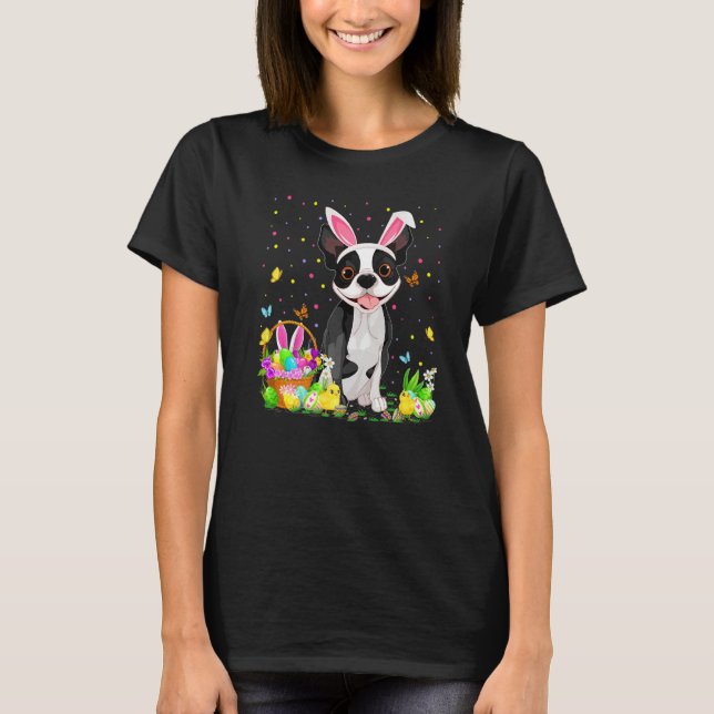 Funny Easter Egg Hunting Boston Terrier Dog Easter T-Shirt (Front)
