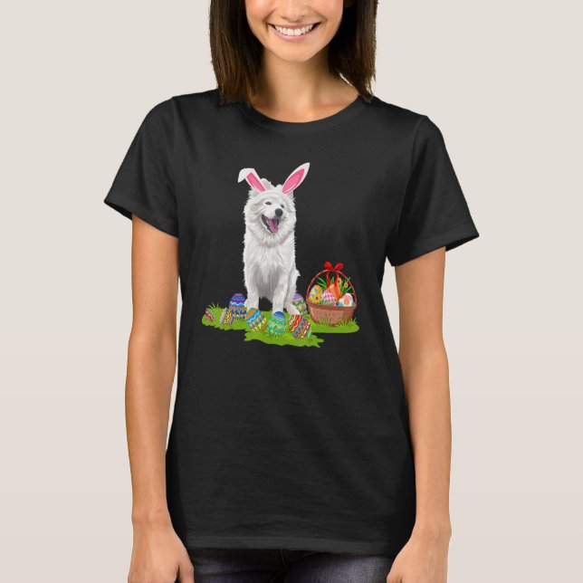 Funny Easter Egg Hunting Bunny American Eskimo Dog T-Shirt (Front)