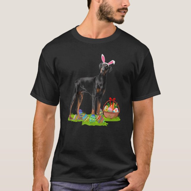 Funny Easter Egg Hunting Bunny Doberman Pinscher D T-Shirt (Front)