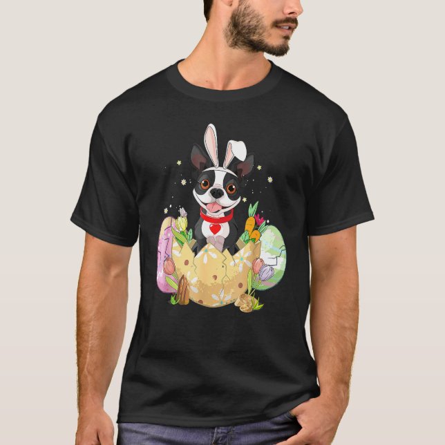 Funny Easter Eggs Boston Terrier Bunny Dog Christi T-Shirt (Front)