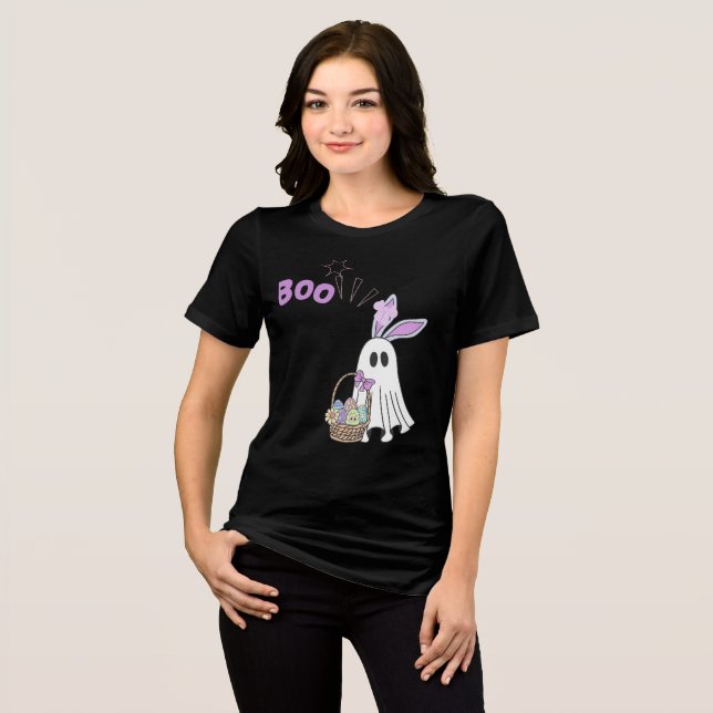 Funny Easter Ghost Cute Halloween Bunny Egg Basket Tri-Blend Shirt (Front Full)
