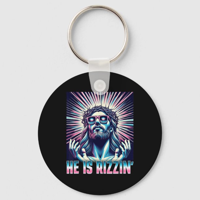 Funny Easter Resurrection Rizz Meme He Is Rizzin J Key Ring (Front)