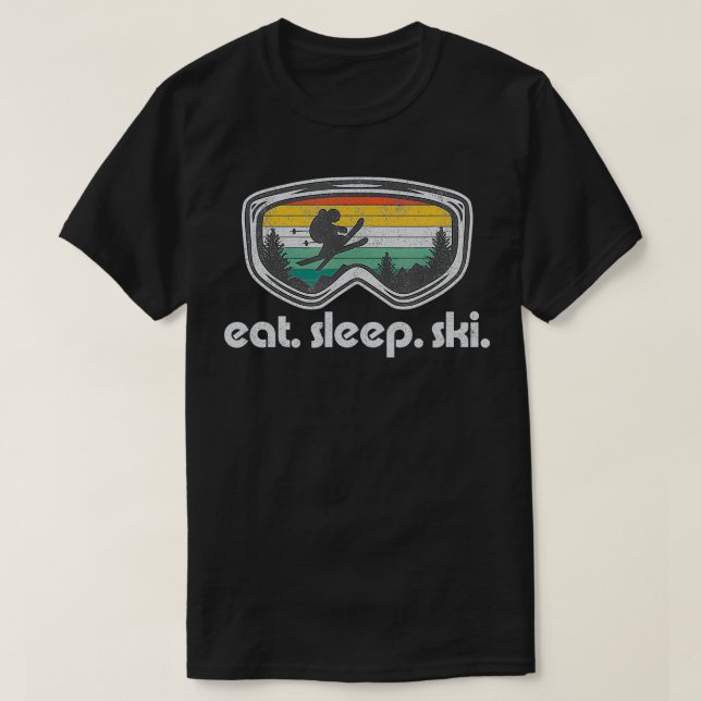Funny Eat Sleep Ski Mountain Resort Skiing Retro T-Shirt (Design Front)