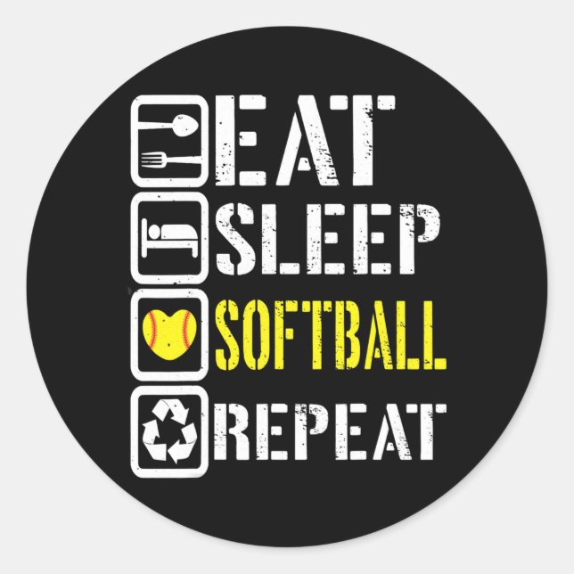 Funny Eat Sleep Softball Repeat Baseball Players Classic Round Sticker (Front)