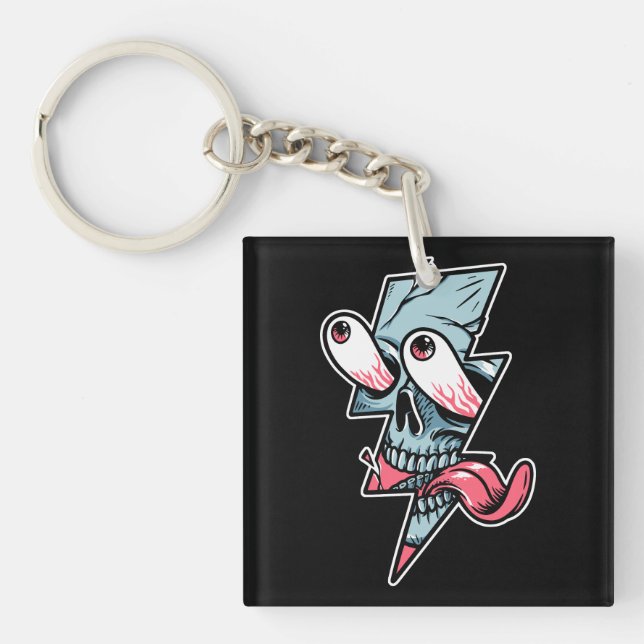 Funny Edgy Skull Face And Lightning Shape Key Ring (Front)