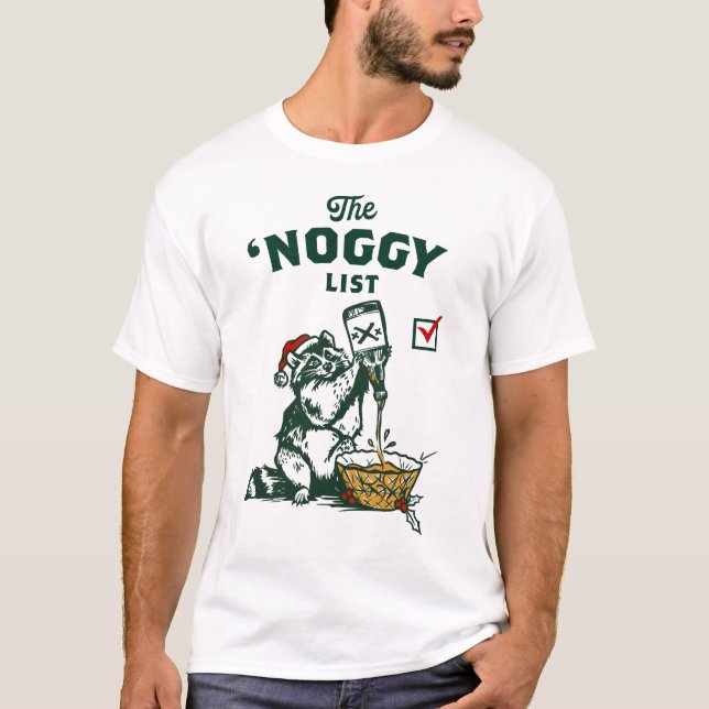 Funny Eggnog Drinking Santa Christmas Racoon Gift T-Shirt (Front)