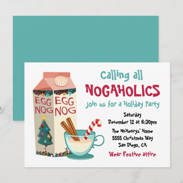 Funny Eggnog Nogaholics Christmas Cocktail Party Invitation (Front/Back)