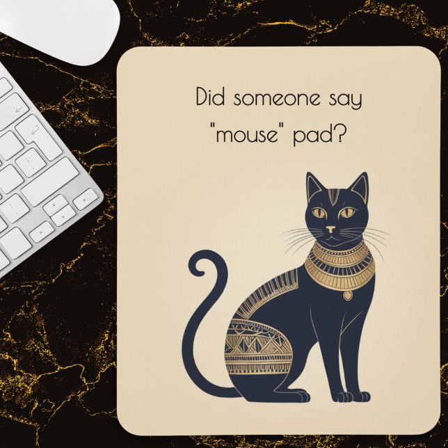 Funny Egyptian-Inspired Black Cat Mouse Mat (A funny mouse pad for cat lovers, with black and faux gold Egyptian cat picture and humorous caption)