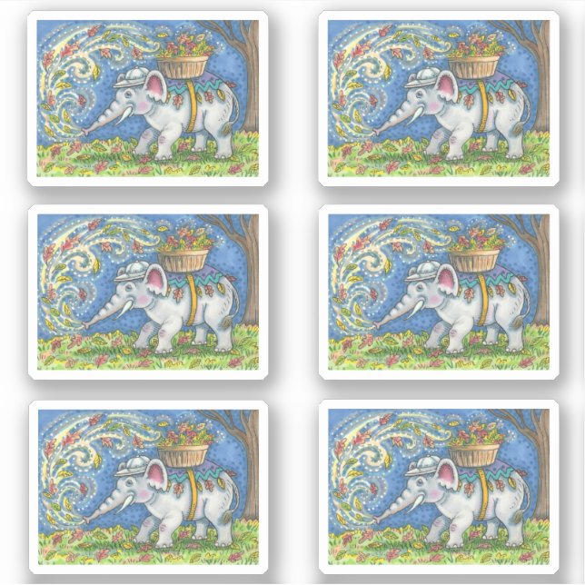 FUNNY ELEPHANT BLOWING AUTUMN LEAVES INTO BASKET (Front)