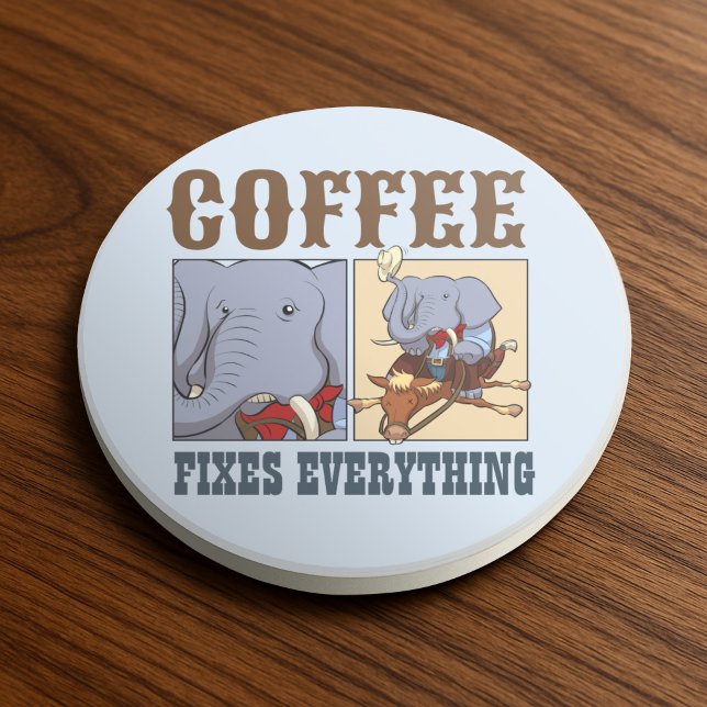 Funny Elephant Coffee Fixes Everything Cartoon Coaster (Creator Uploaded)