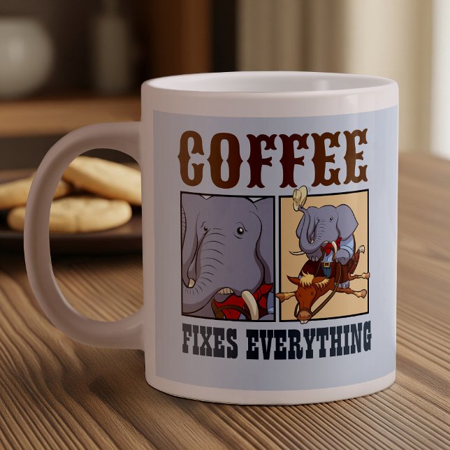 Funny Elephant Coffee Fixes Everything Cartoon Large Coffee Mug (Creator Uploaded)