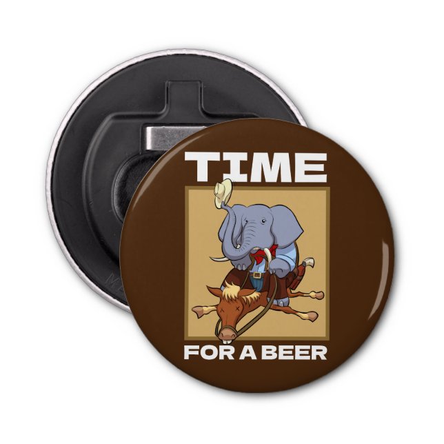 Funny Elephant Time For A Beer Cowboy Cartoon Bottle Opener (Front)