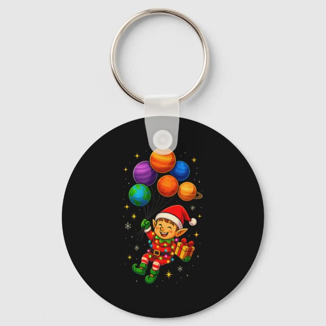 Funny Elf Astronaut With Planets Christmas Pjs For Key Ring (Front)