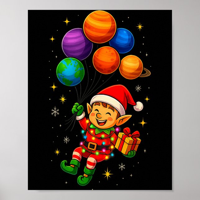 Funny Elf Astronaut With Planets Christmas Pjs For Poster (Front)
