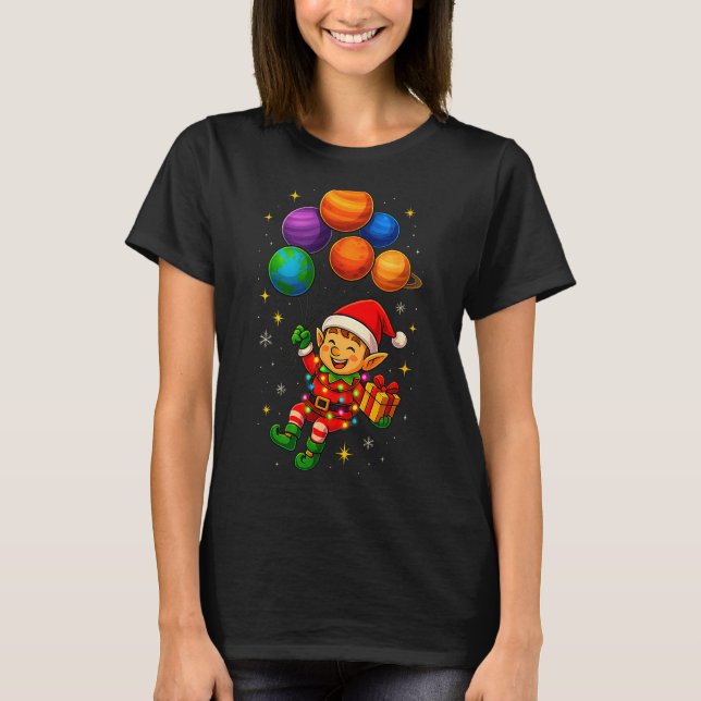 Funny Elf Astronaut With Planets Christmas Pjs For T-Shirt (Front)