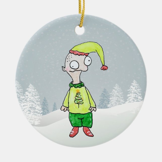 Funny Elf  Ceramic Tree Decoration (Front)