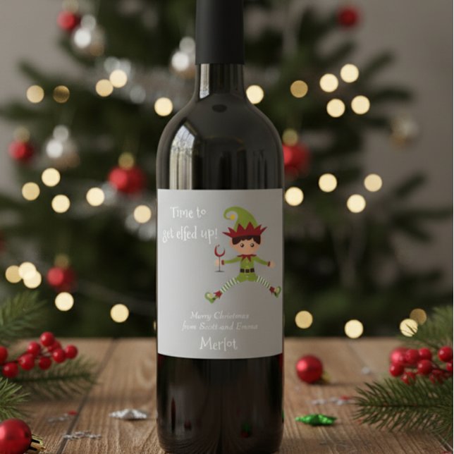 Funny Elf Christmas Elfed Up Wine Label (Creator Uploaded)