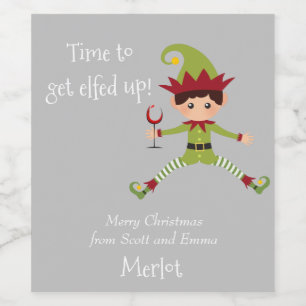 Funny Elf Christmas Elfed Up Wine Wine Label