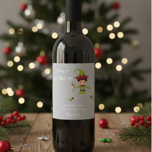 Funny Elf Christmas Elfed Up Wine Wine Label