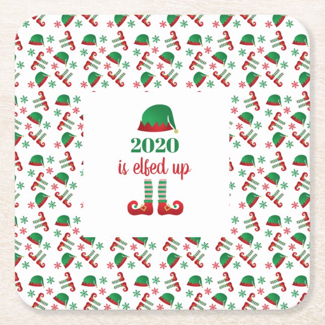 Funny Elf Christmas Saying Green Red Square Paper Coaster (Front)