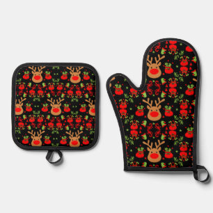 Funny Elf Christmas Wrapping Oven Mitt & Pot Holder Set