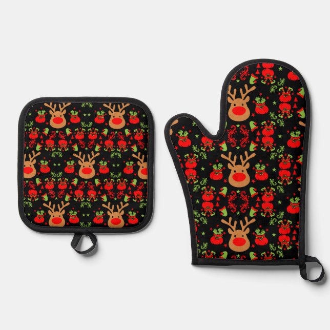 Funny Elf Christmas Wrapping Oven Mitt & Pot Holder Set (Front)