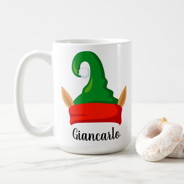 Funny elf ears red green hat personalised coffee mug (With Donut)