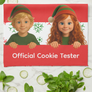 Funny Elf Faces   Official Cookie Tester Christmas Tea Towel