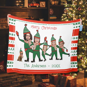 Funny Elf Family of Five Dog Red Green Christmas Fleece Blanket