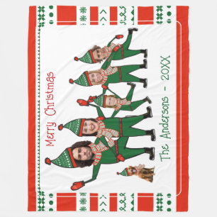 Funny Elf Family of Five Dog Red Green Christmas Fleece Blanket