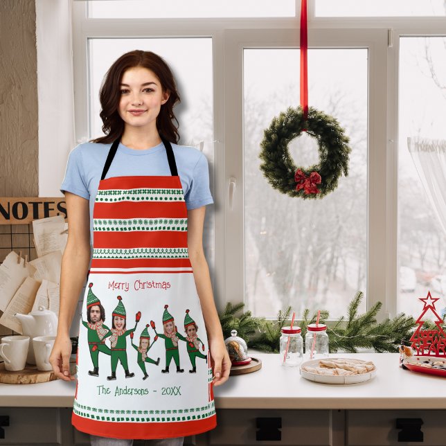Funny Elf Family of Five Photo Red Green Christmas Apron (Creator Uploaded)