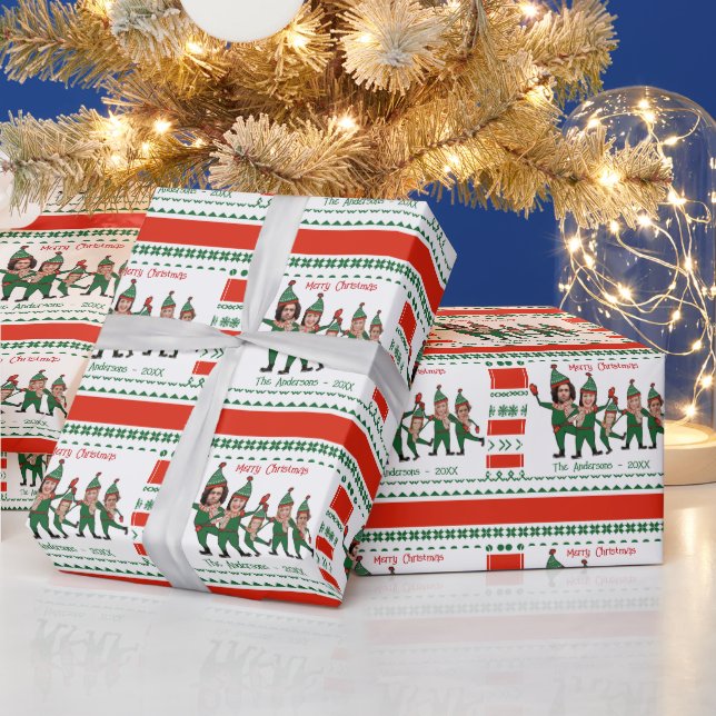 Funny Elf Family of Five Photo Red Green Christmas Wrapping Paper (Holidays)