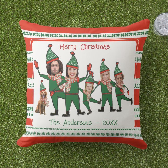 Funny Elf Family of Five with Dog Red Holiday Cushion (Grass)
