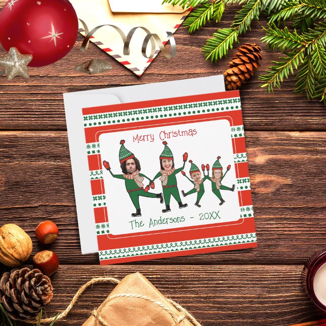 Funny Elf Family of Four Photo Red Green Christmas Holiday Card (Creator Uploaded)