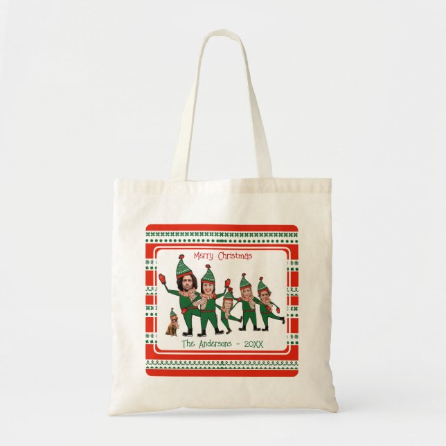 Funny Elf Family of Six Dog Red Green Christmas Tote Bag (Front)