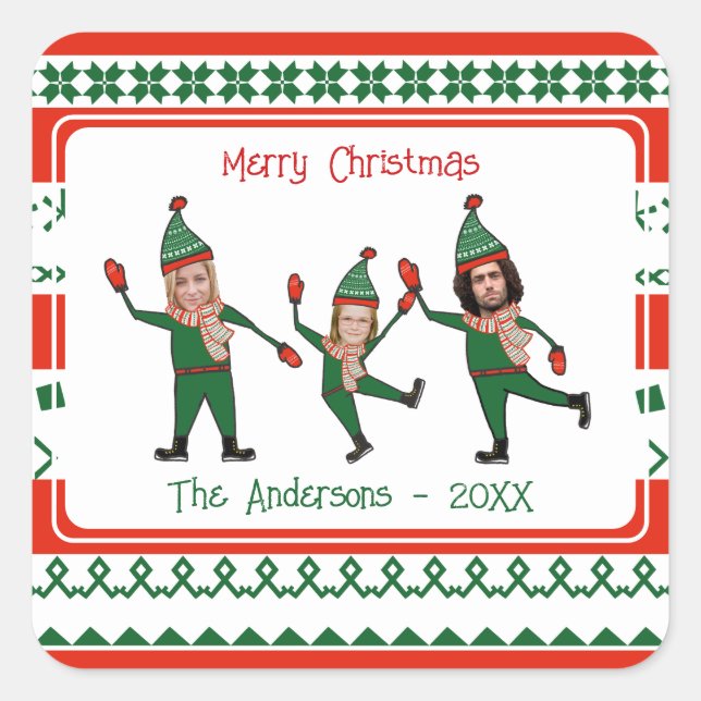 Funny Elf Family Photo Red Green Merry Christmas Square Sticker (Front)