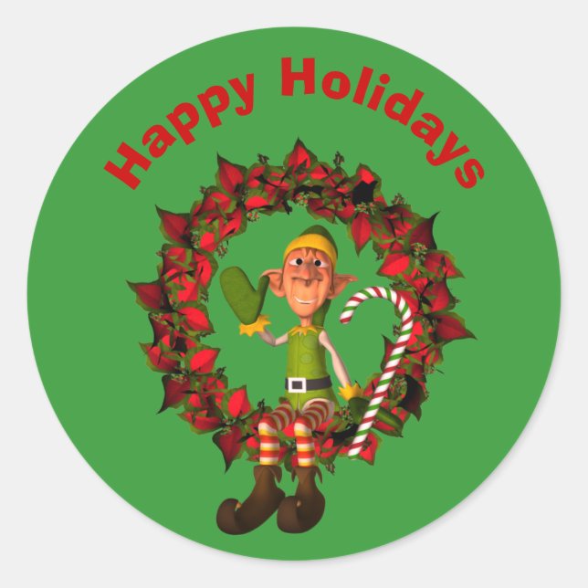 Funny Elf On Wreath Christmas Holiday  Classic Round Sticker (Front)