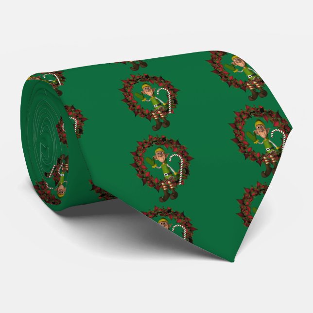 Funny Elf On Wreath Christmas Holiday Tie (Rolled)