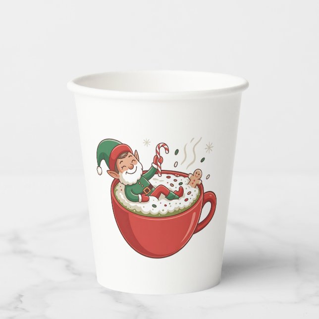 Funny Elf Taking Bathub on Matcha Drink  Paper Cups (Front)