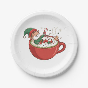 Funny Elf Taking Bathub on Matcha Drink Paper Plate