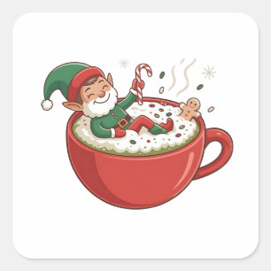 Funny Elf Taking Bathub on Matcha Drink Square Sticker