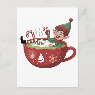 Funny Elf Taking Matcha Bathub Christmas Announcement Postcard
