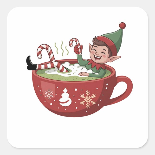 Funny Elf Taking Matcha Bathub Christmas Square Sticker (Front)