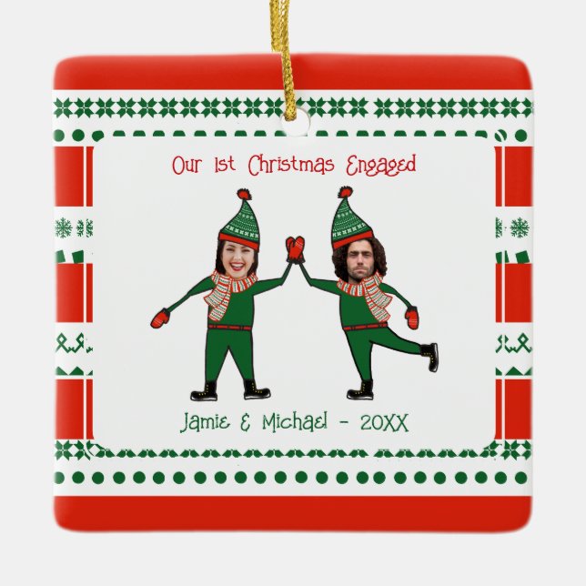 Funny Elves Our 1st Christmas Engaged Red Green Ceramic Ornament (Front)
