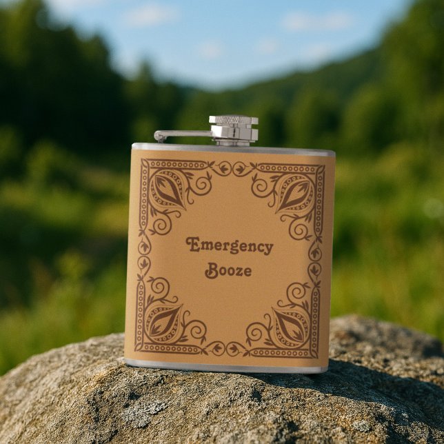 Funny Emergency Booze Add Your Text Pattern Border Hip Flask (Creator Uploaded)