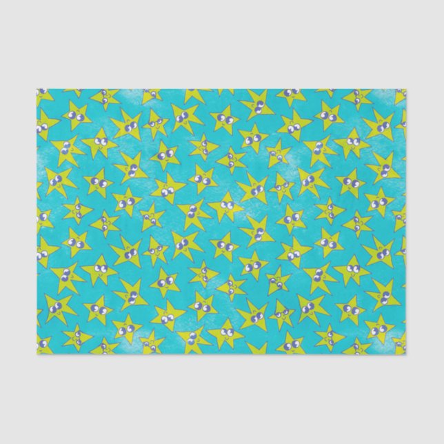 Funny Emoji Turquoise with Greeni Face Stars Tissue Paper (Front)