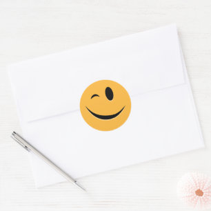 Funny Emoji Wink Smile Laugh Yellow Face Classic Round Sticker